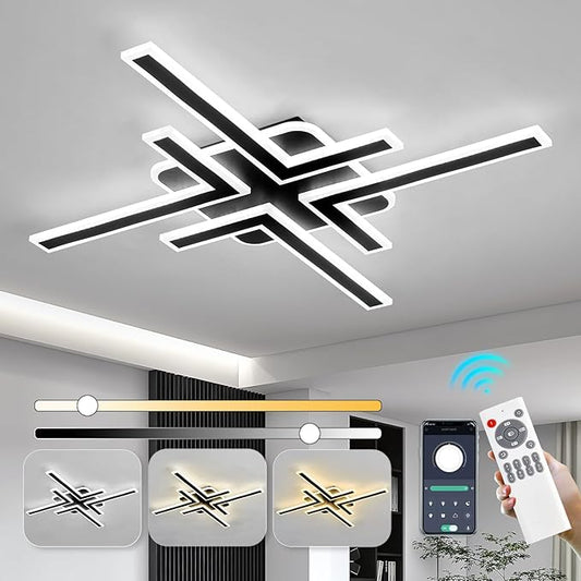 Modern Sputnik Flush Mount Ceiling Light Fixture 34.25Inches LED Dimmable Ceiling Light with Remote Control 3 Color 64W Black Chandelier for Kitchen Dining Room Living Room Bedroom